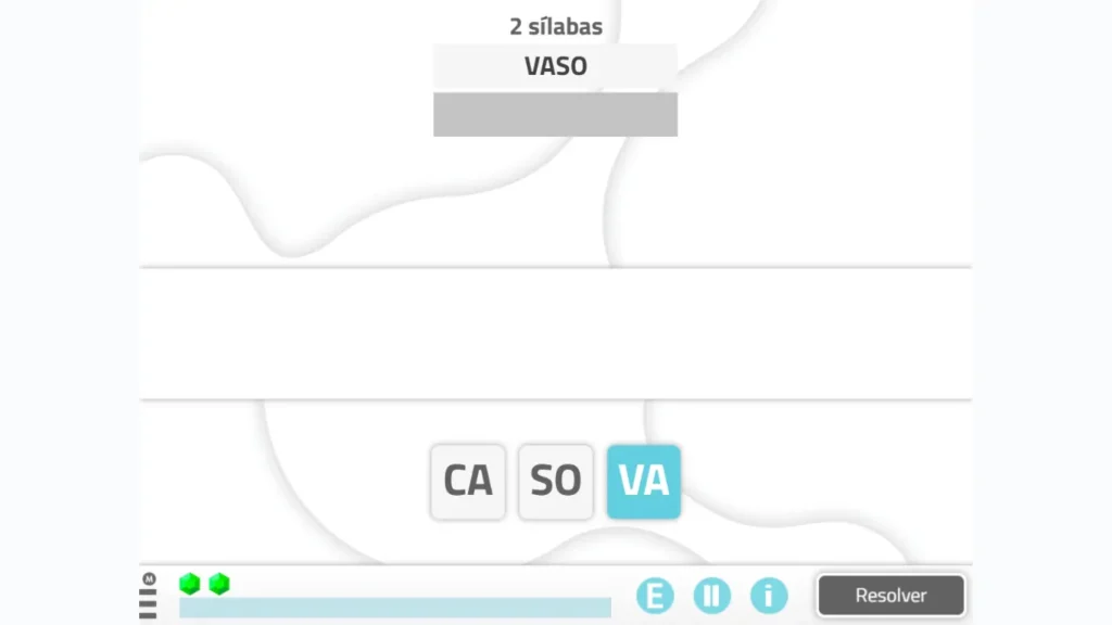 Interface do NeuronUP que apresenta uma atividade de sílabas em que aparecem as letras CA, SO e VA para formar VASO, com indicações para selecionar ou arrastar as sílabas corretas.