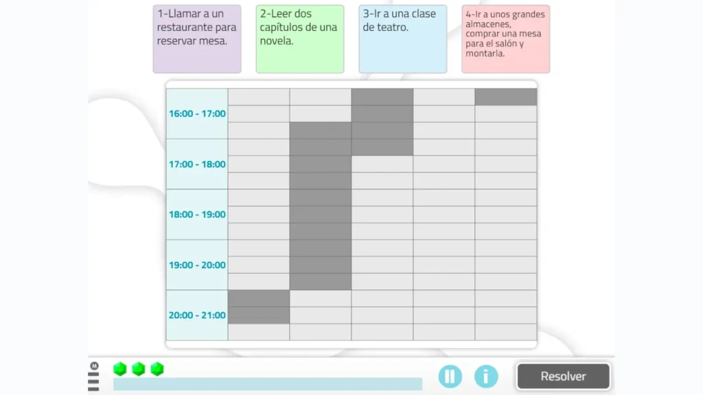 Captura de tela do NeuronUP: calendário com blocos de tempo para planejar a reabilitação cognitiva.