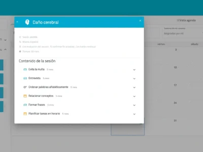 Capa com gráficos de barras e linhas do NeuronUP Score; interface com menu lateral e janela 'Dano cerebral' em avaliação.