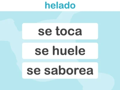 Ficha educativa de memória semântica para crianças: a palavra 'sorvete' aparece no topo e são mostradas as ações: tocar, cheirar e saborear, sobre um fundo azul.