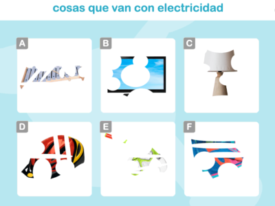 Seis quadros alinhados (A–F) mostram objetos elétricos, alguns ocultos, para gnosias visuais em crianças.