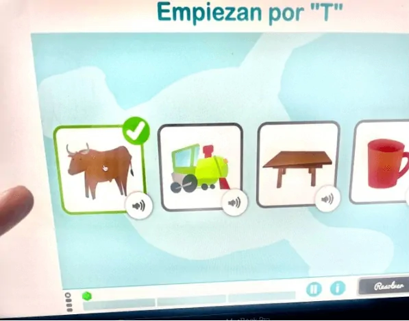 Tela do NeuronUP com imagens: touro marcado com um cheque verde, veículo, mesa e xícara; ícones de som ao lado de cada imagem.
