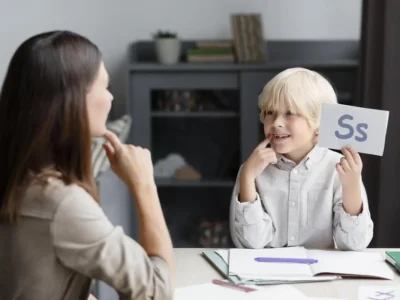 Criança com um cartão com a letra S sobre uma mesa, supervisionada por uma profissional; intervenção educativa com NeuronUP em um tablet.