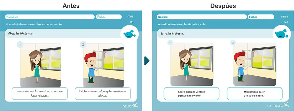 Vinhetas educativas divididas en Antes e Depois: personagem olhando pela janela e depois interagindo com Laura; fichas de Teoria da Mente para crianças.