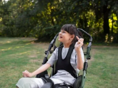 Menina com paralisia cerebral sentada em uma cadeira adaptada ao ar livre, cercada de árvores; gesticula com uma mão.