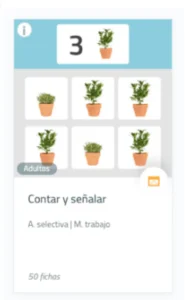 Grade 2x3 de seis vasos com plantas verdes; número 3 em cima e texto 'Contar e assinalar' embaixo, com etiquetas para adultos e diagnósticos.