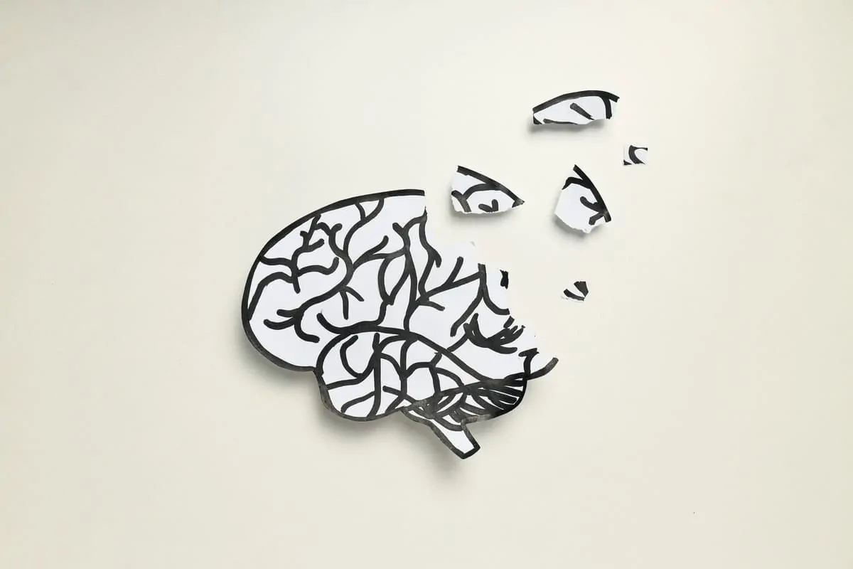 Ilustração em preto e branco de um cérebro estilizado que se desintegra na parte superior, com um rosto emergente.