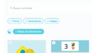 Interface do filtro de atividade no NeuronUP com barra de busca, abas Fichas, Geradores e Jogos, e área de intervenção.