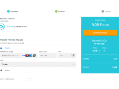 Captura de tela da Gestão de usuários no NeuronUP: formulário de pagamento e resumo de compra online.