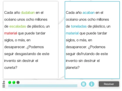 Dois parágrafos em uma ficha educativa que comparam textos sobre a problemática do plástico no oceano, com design para ressaltar diferenças.