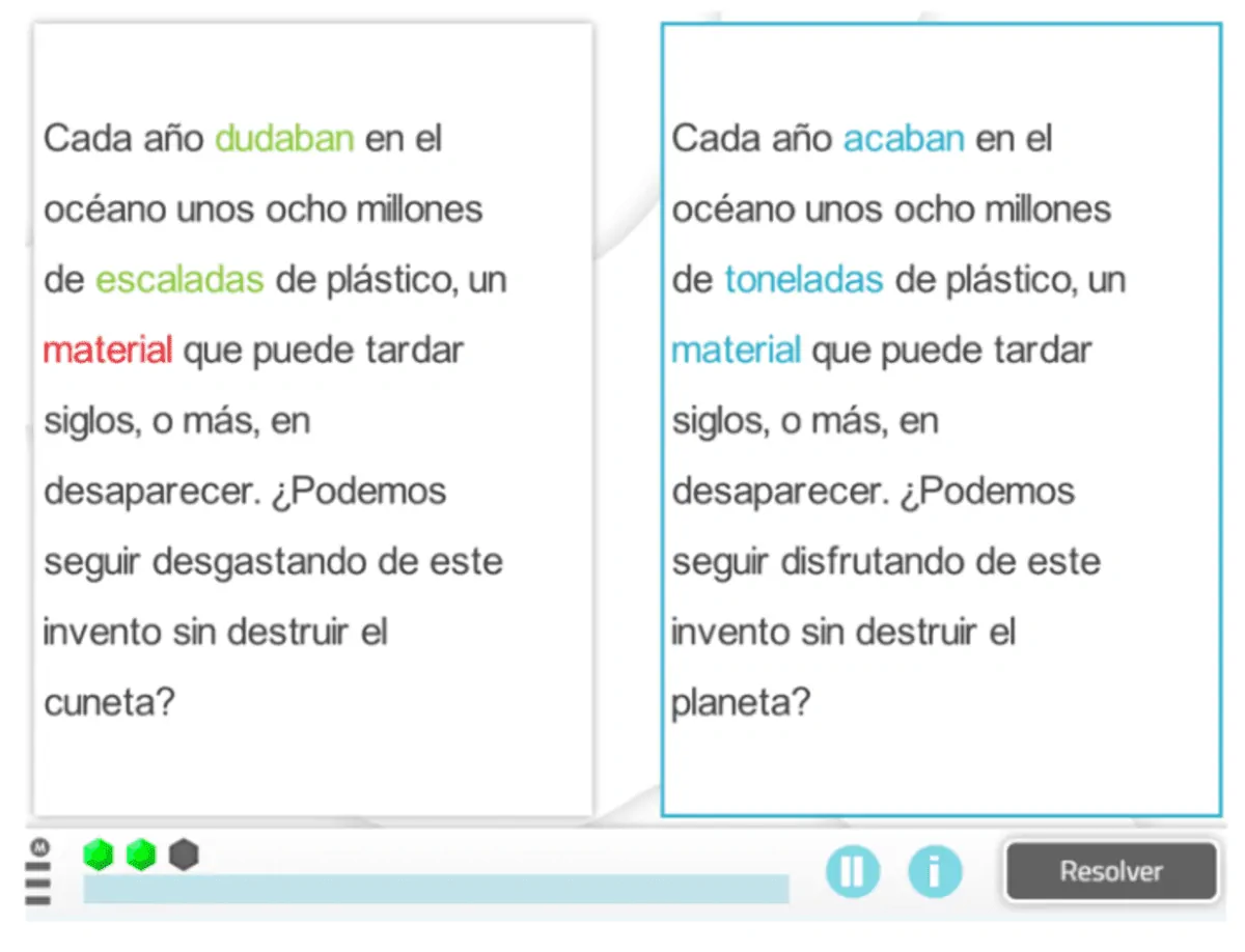 Texto em espanhol dividido em duas partes sobre plástico no oceano, com formato interativo que sugere um recurso educativo; útil para profissionais de educação, saúde e neuropsicologia aplicada.