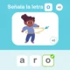 Menina com aro de hula-hoop participa da atividade Detetive de letras; são apontadas as letras a, r e o, e destaca-se a 'o' correta.