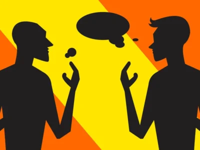 Ilustração de duas pessoas conversando, balões de diálogo e fundo laranja/amarelo, com foco nas afásias de Broca e Wernicke.