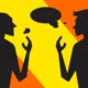 Ilustração de duas pessoas conversando, balões de diálogo e fundo laranja/amarelo, com foco nas afásias de Broca e Wernicke.
