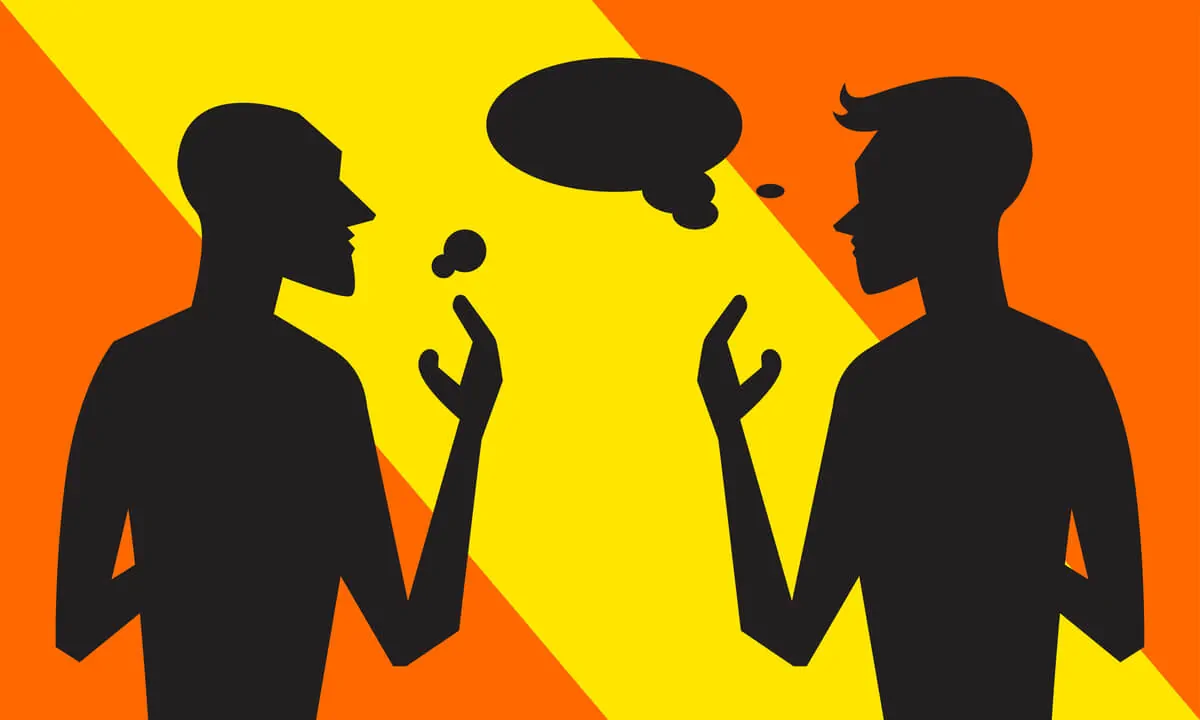 Ilustração de duas pessoas conversando, balões de diálogo e fundo laranja/amarelo, com foco nas afasias de Broca e Wernicke.