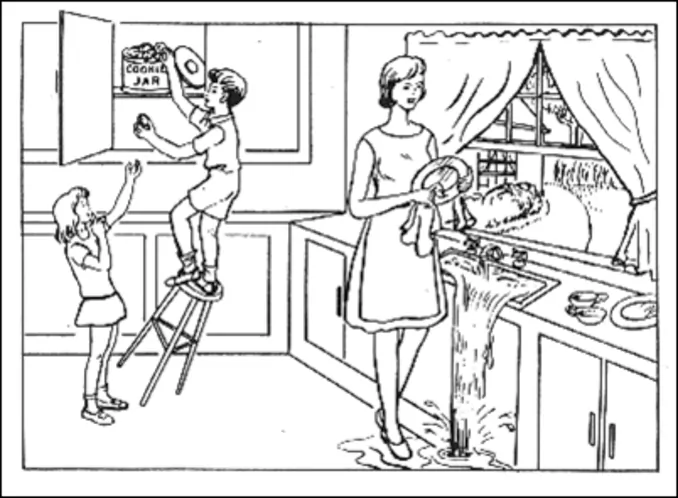 Ilustração de cozinha: mulher lavando pratos, menino na escada colocando etiqueta em pote de biscoitos e menina observando.