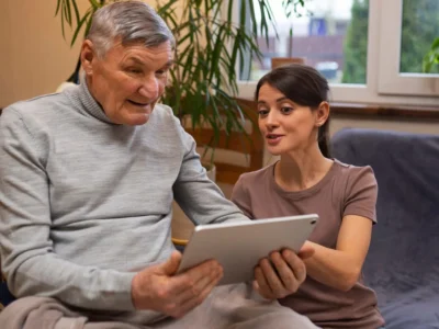 Homem mais velho e mulher jovem sentados juntos; ele segura um tablet, ela lhe explica; fundo com luz natural e plantas.