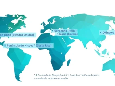 Mapa mundial destacando as Zonas Azuis: Loma Linda, Sardenha, Icária, Okinawa e Nicoya; tons de azul e verde.
