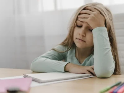 Menina em sala de aula, com caderno e materiais, expressão de concentração e frustração; foco no TDAH e na função executiva.