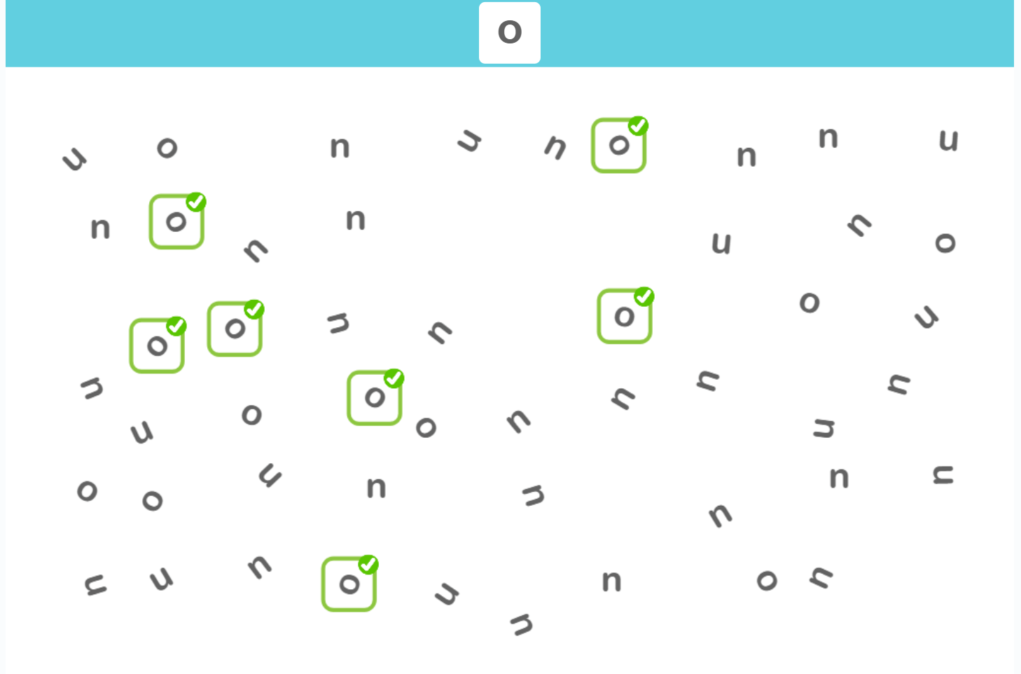 Grade com letras giradas em várias orientações, com um O central e letras ao redor para praticar pré-leitura.