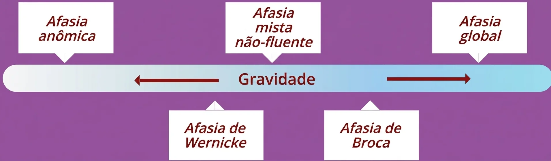 Gráfico educativo de classificações da afasia com blocos de cores, setas entre perfis e textos breves