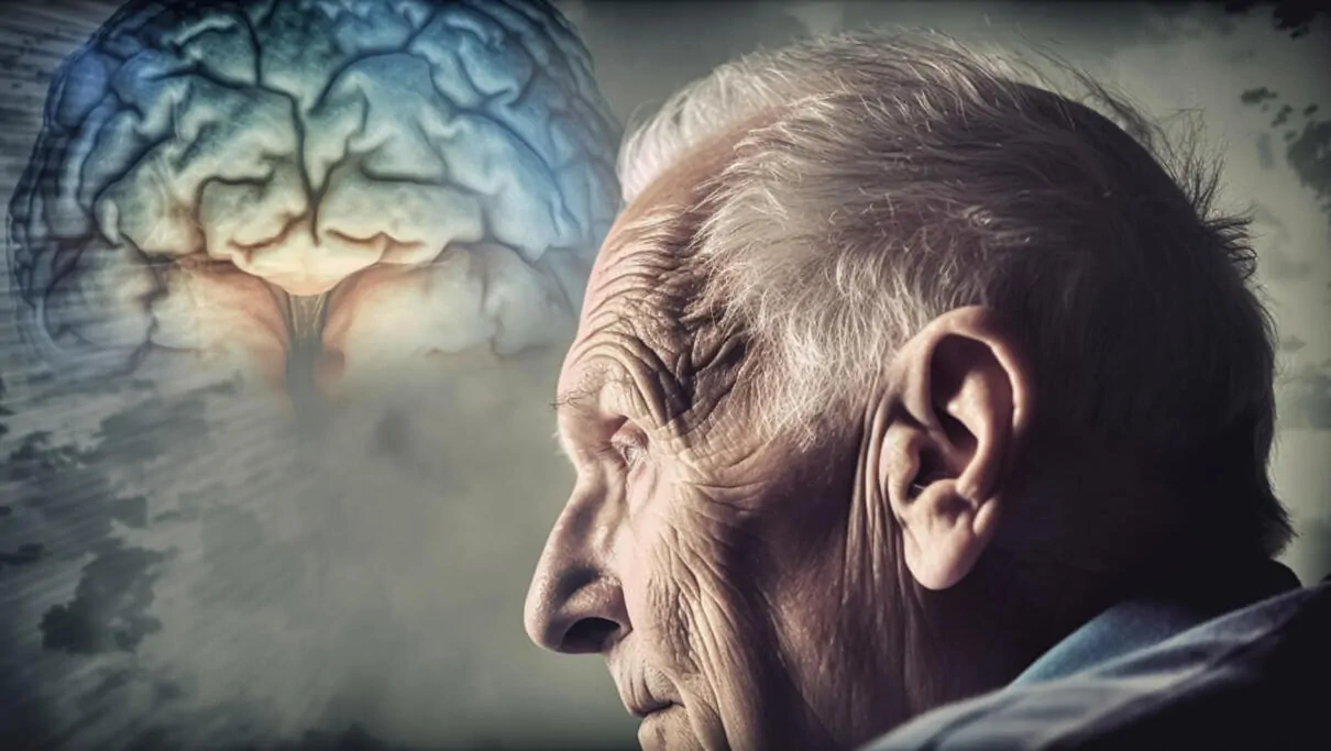 Retrato de Manuel Cassinello Marco, psiquiatra, com uma representação abstrata de um cérebro para demência frontotemporal.