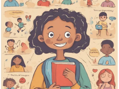 Ilustração colorida de uma menina sorrindo com um livro, cercada por vinhetas que mostram emoções e atividades.
