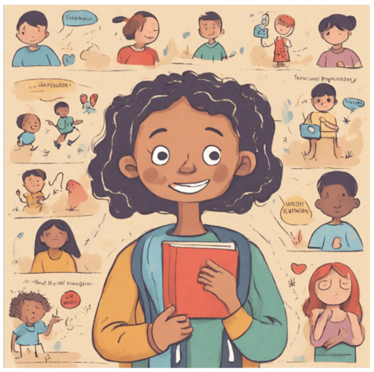 Ilustração colorida de uma menina sorrindo com um livro, cercada de vinhetas que mostram emoções e atividades.