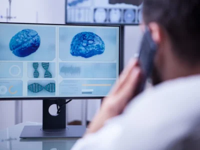 Monitor com gráficos cerebrais e hélices de DNA em azul, rodeado de telas com dados, e uma pessoa de costas falando ao telefone.