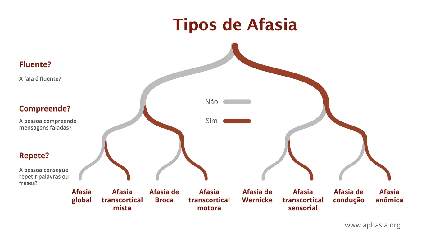Diagrama de classificação da afasia com ramificações que avaliam fluidez, compreensão e repetição, mostrando Afasia global, Broca e Wernicke.
