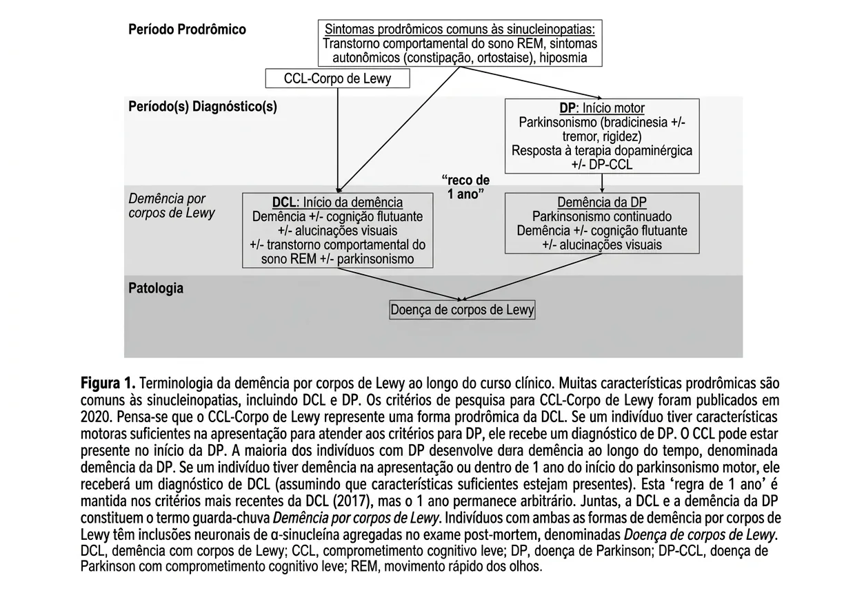 Diagrama educativo que compara a Doença de corpos de Lewy e Parkinson, com foco no período prodrômico e na patologia.