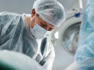 Profissional de saúde com jaleco, máscara e touca cirúrgica realiza mapeamento cerebral intraoperatório em quirófano, paciente acordado.