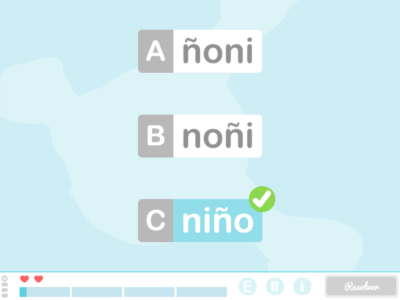 Interface com três palavras como opções (ñoni, noñi, niño); a correta é 'niño'. Fundo claro e painel inferior de progresso.