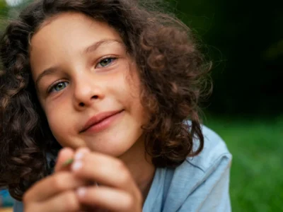 Criança com cabelo cacheado castanho, expressão tranquila e sorriso, segurando um objeto em um ambiente natural com grama verde.