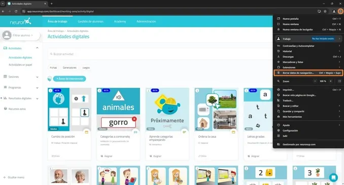 Interface da plataforma educativa neuroamd: barra de navegação superior Início e Meus datos, cartões de atividades e menu de conta no canto.