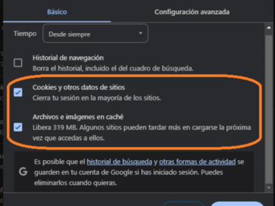 Janela de configuração do navegador com opções para apagar cookies e dados de sites e arquivos em cache, e um botão para confirmar a ação.