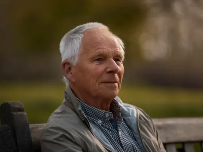 Homem idoso sentado em um banco ao pôr do sol, expressão serena, rodeado de árvores e um ambiente natural com luz quente.