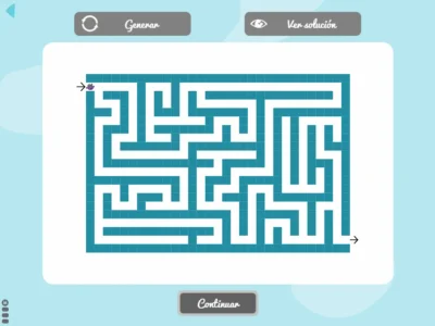 Labirinto azul em interface educativa para lateralidade cruzada, com entradas/saídas indicadas e botões Gerar, Ver solução e Continuar.