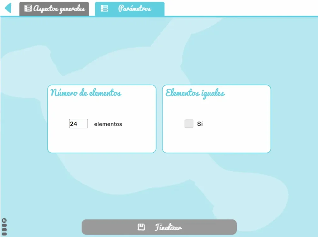 Interface azul claro com dois quadros: 'Número de elementos: 24' e 'Elementos iguais: Sim', mais botão Finalizar.
