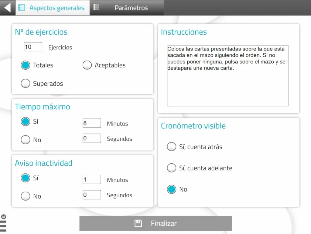 Interface da NeuronUP com configuração de sessão: Totais 10 exercícios, Aceitáveis superados, tempo e cronômetro.