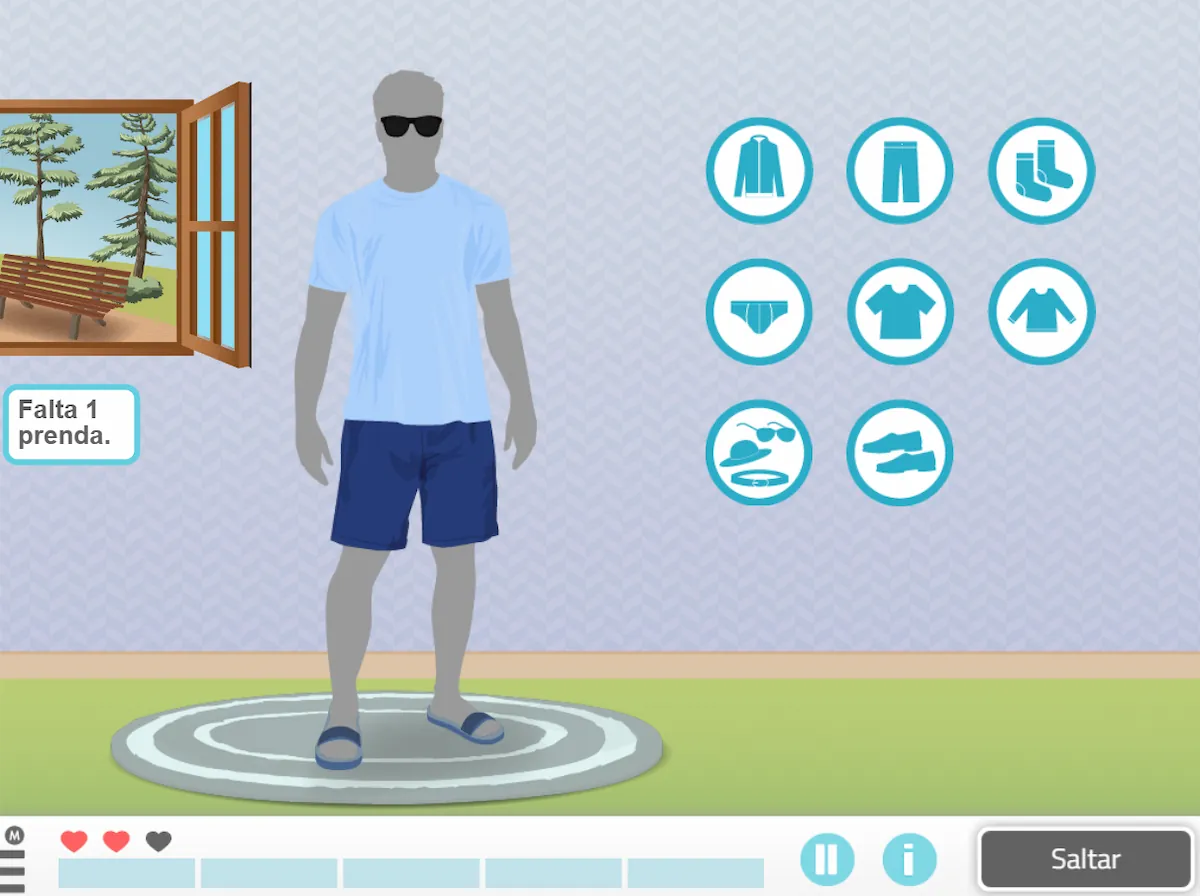 Personagem masculino com camiseta clara, shorts escuros e óculos; à direita, ícones de roupas; ao fundo, janela e barra de corações.