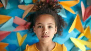 Ilustração educativa da ALD: uma menina olhando para a frente, fundo colorido com aviões de papel azuis, rosas e amarelos.