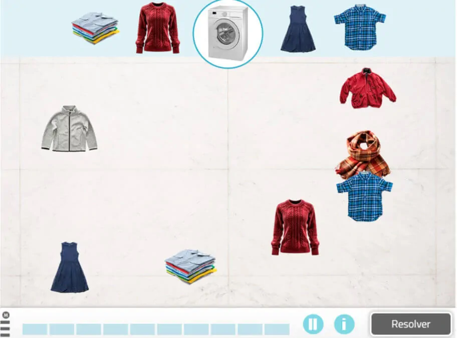 Interface de jogo interativo de NeuronUP para organizar roupas coloridas ao redor de máquina de lavar, com botões na base.