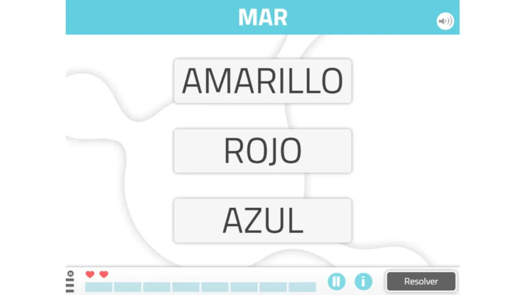 Interface de memória semântica: palavras nas cores AMARELO, VERMELHO e AZUL na vertical, cabeçalho MAR e painel inferior com símbolos.