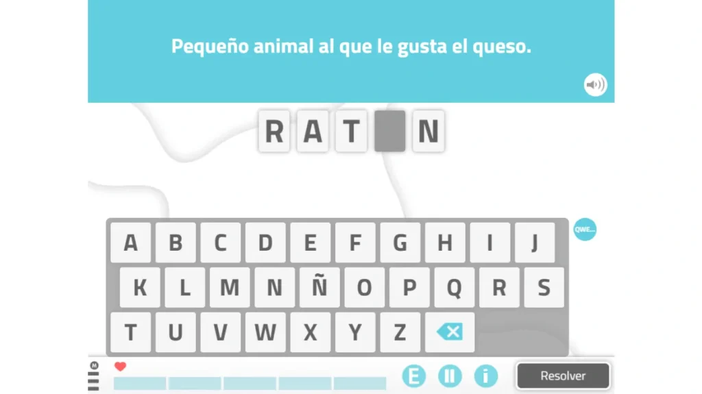 Interface de jogo de palavras para vocabulário em adultos: letras na parte superior, teclado inferior e solução 'RATO'.