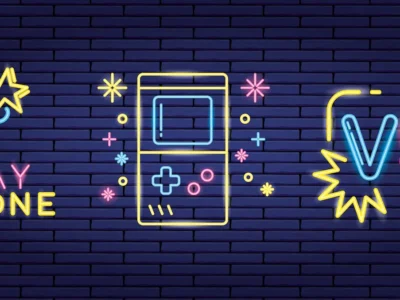 Design neon do Pac-Man em um labirinto de tijolos escuros com PLAY ZONE e console, aludindo a funções cognitivas.
