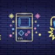 Design neon do Pac-Man em um labirinto de tijolos escuros com PLAY ZONE e console, aludindo a funções cognitivas.