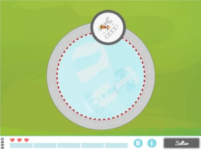 Interface do NeuronUP para relação espacial em crianças: pista para localizar objetos, com um personagem e controles na parte inferior.