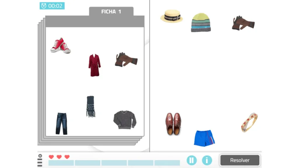 Interface de jogo de velocidade de processamento em adultos: Clon, peças à esquerda para emparelhar e temporizador visível.