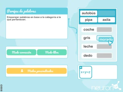 Interface da atividade Pares de palavras: emparelhe palavras por categorias, com modos de jogo Conexão e Livre e exemplos como ônibus e carro.